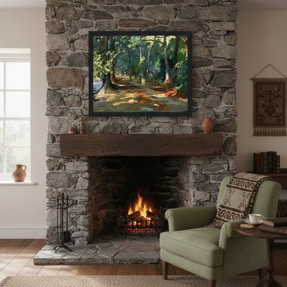 Wood-framed Lavery print displayed in heritage-style living room above fireplace