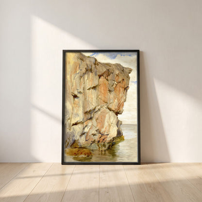 A Cliff at Howth, County Dublin framed print in a black frame leaning against a white plaster wall on oak floorboards in morning light