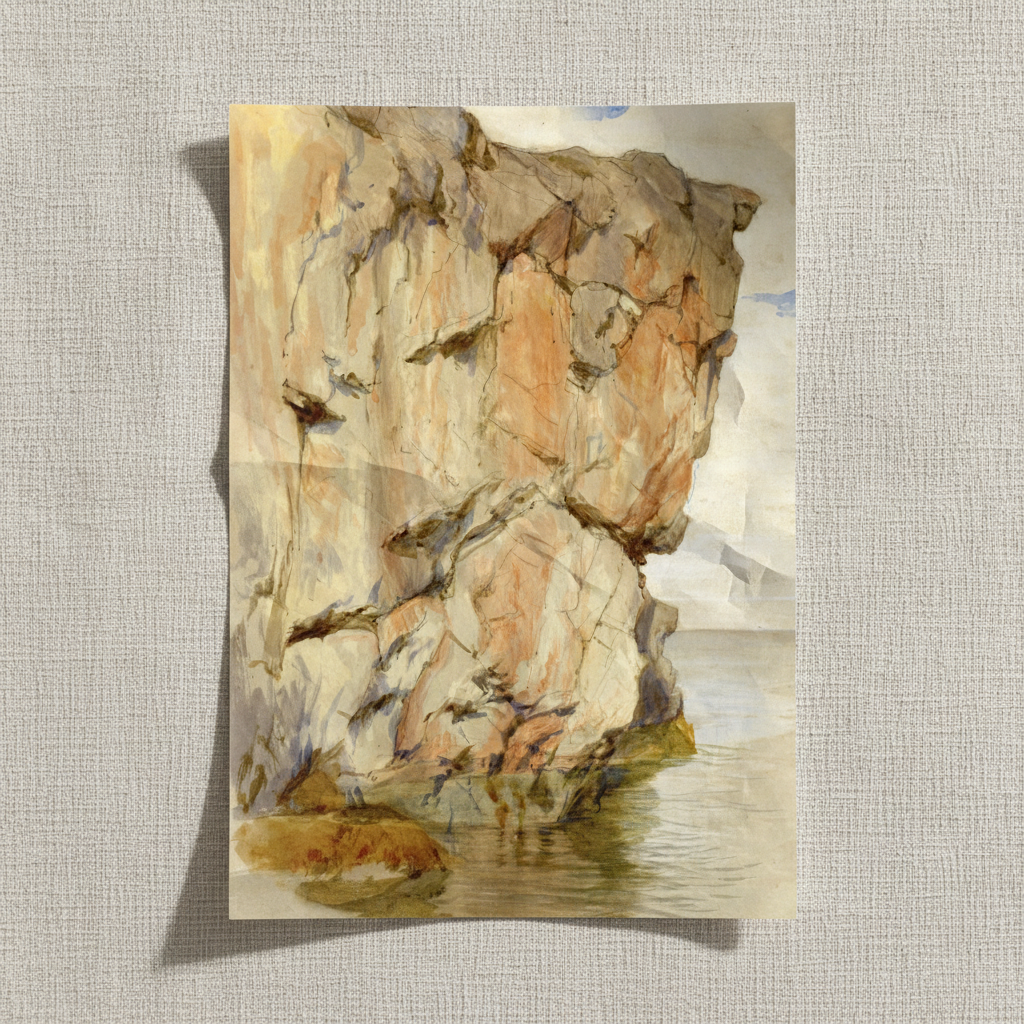 A Cliff at Howth, County Dublin by Frederic William Burton unframed print lying on a linen cloth