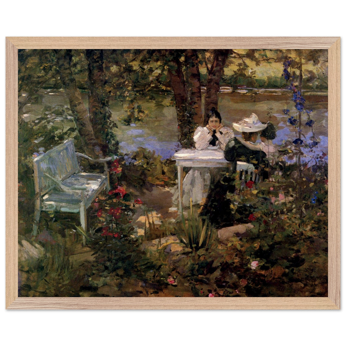 A Garden in France by Sir John Lavery in a natural oak frame, impressionist garden scene