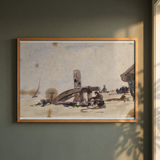 A Kneeling Man on the Beach framed print in a natural oak frame on a dark green wall beside a window, dappled plant shadow