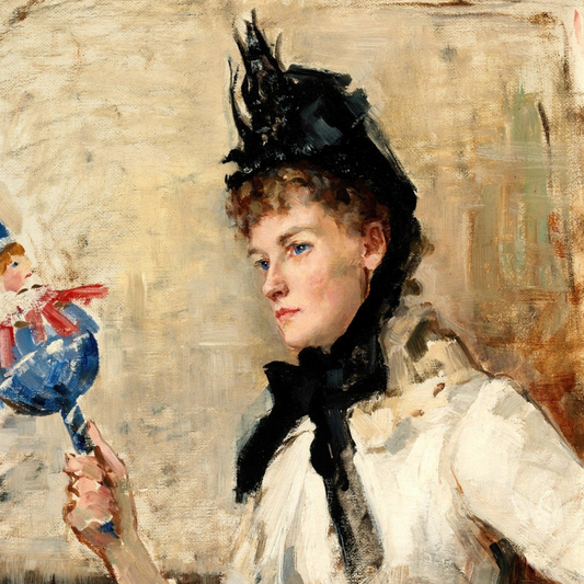 A Lady Holding a Rattle (1885) by Sarah Henrietta Purser, Irish portrait painting