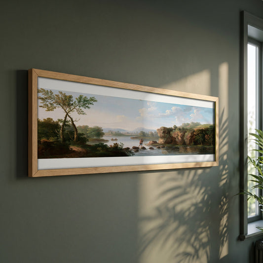 A Landscape with a Man Fording a Stream framed print in a natural oak frame on a dark green wall beside a window, dappled plant shadow