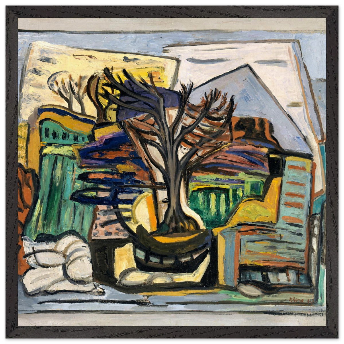 A Landscape with a Tree (1943) by Evie Hone in a black frame