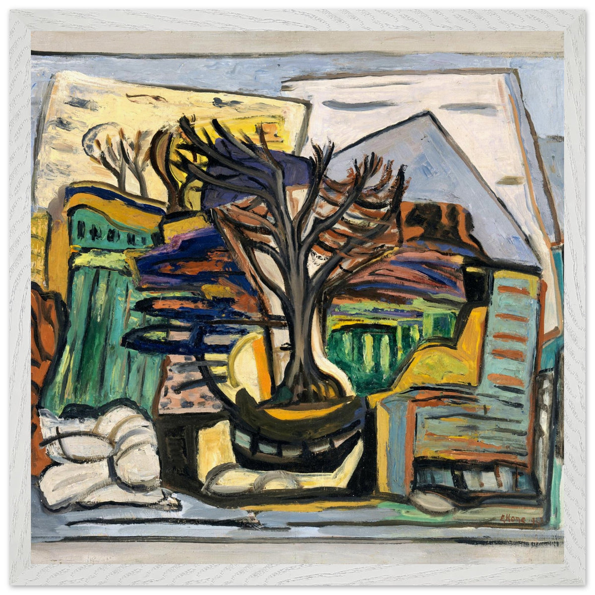 A Landscape with a Tree (1943) by Evie Hone in a white wood frame