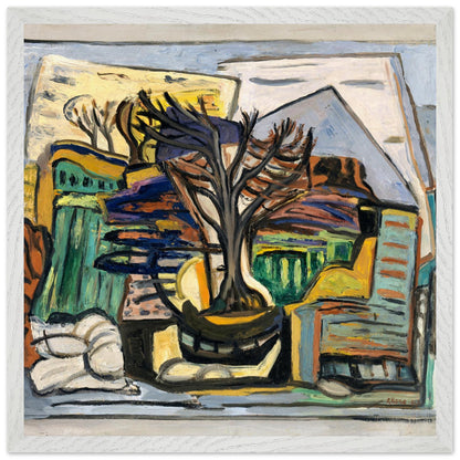 A Landscape with a Tree (1943) by Evie Hone in a white wood frame