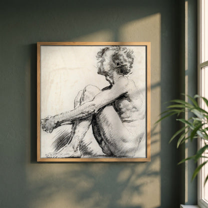 A Seated Male Figure by Sarah Purser framed print in a natural oak frame on a dark green wall beside a window, dappled plant shadow