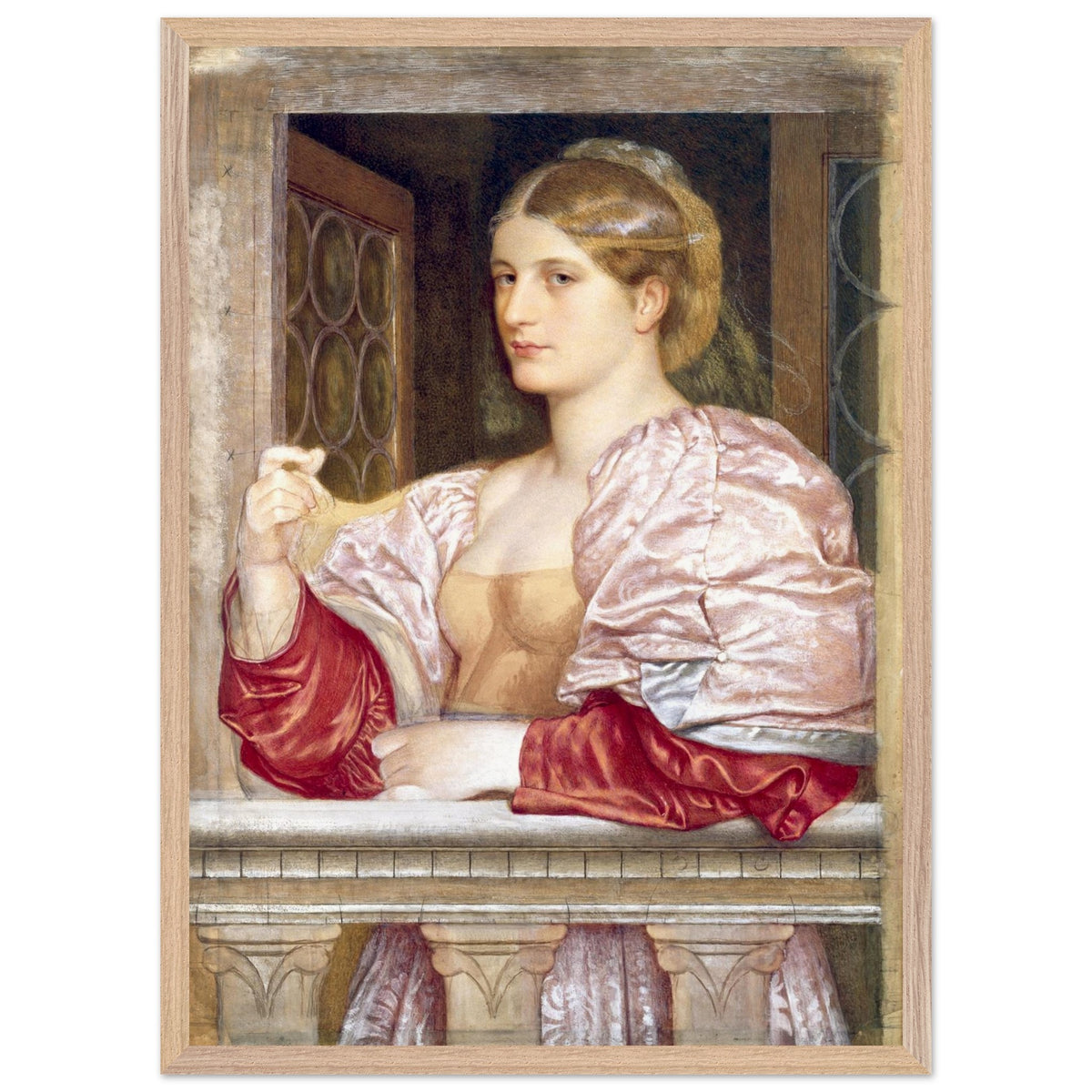 A Venetian Lady by Frederic William Burton in a natural oak frame