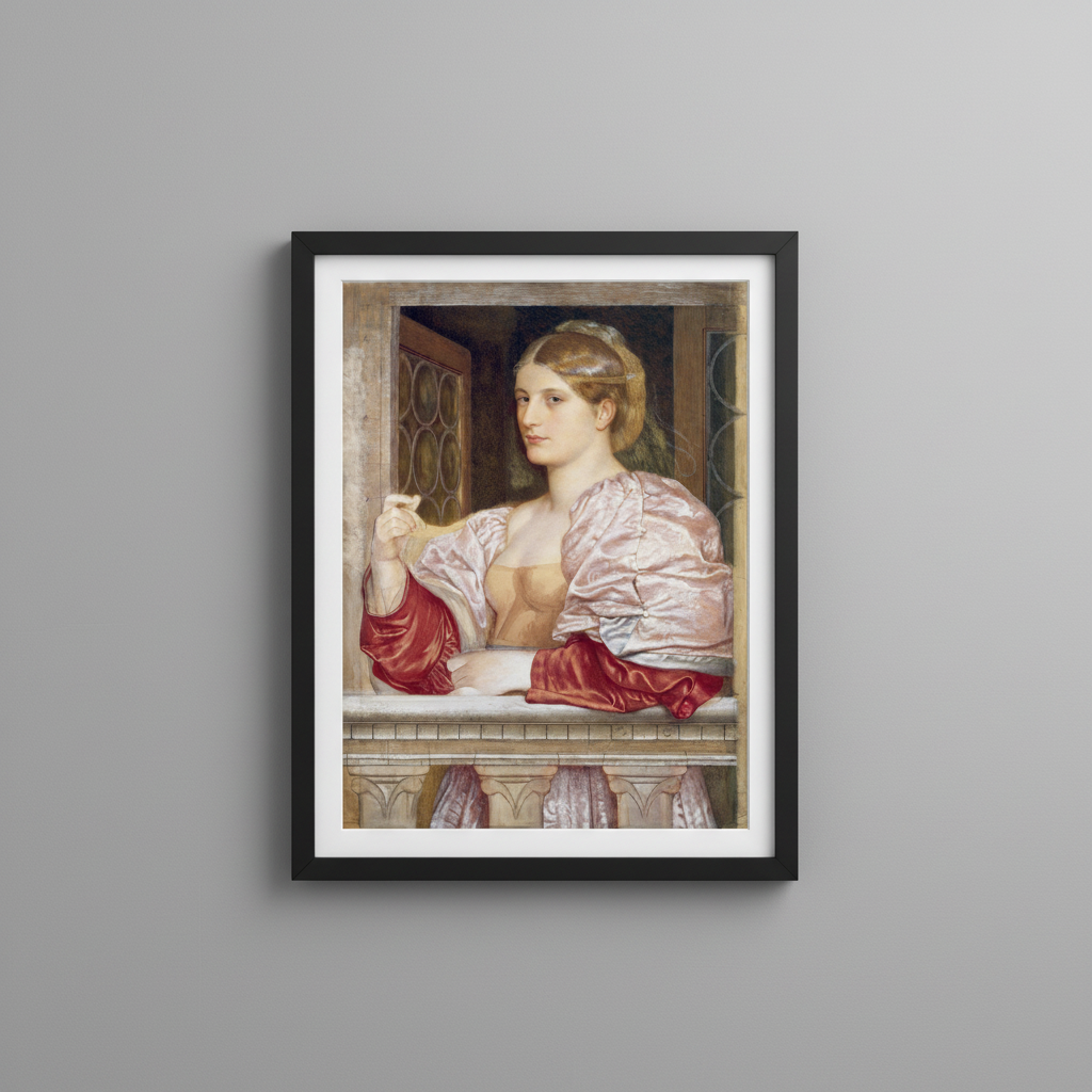 A Venetian Lady print in a black frame on a soft grey wall