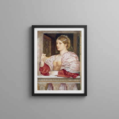 A Venetian Lady print in a black frame on a soft grey wall