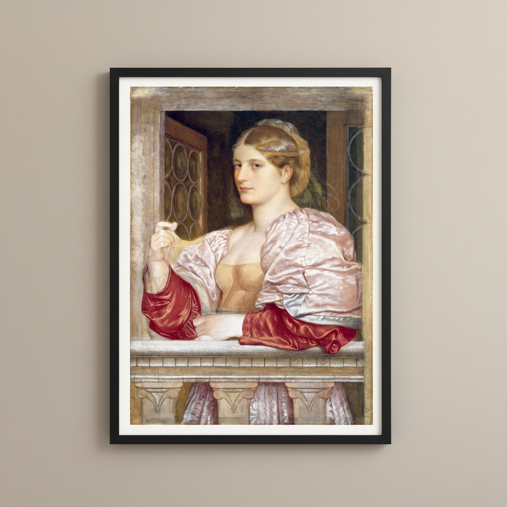 A Venetian Lady by Frederic William Burton in a black frame with a white mount on a beige wall