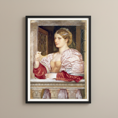 A Venetian Lady by Frederic William Burton in a black frame with a white mount on a beige wall