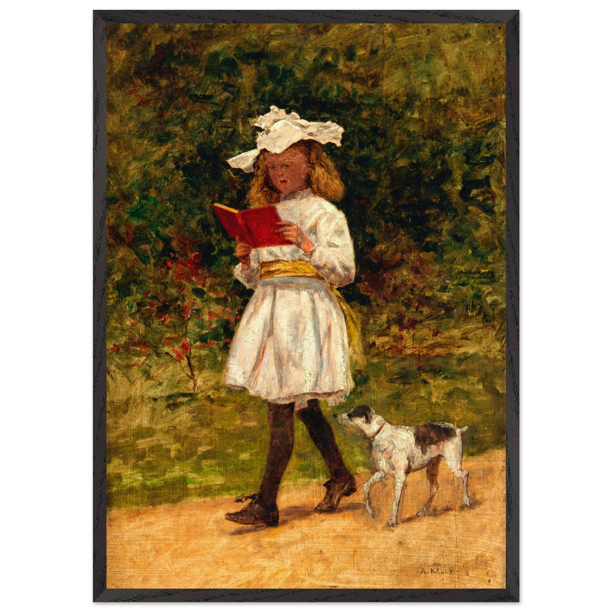 Aloysius O'Kelly A Young Girl Reading print in a thick black frame, girl and terrier in a garden