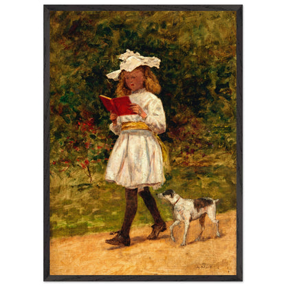 Aloysius O'Kelly A Young Girl Reading print in a thick black frame, girl and terrier in a garden