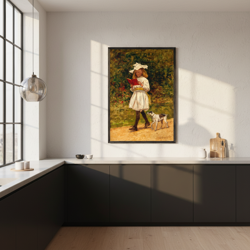 A Young Girl Reading by Aloysius O'Kelly framed print above a dark kitchen counter in a bright room