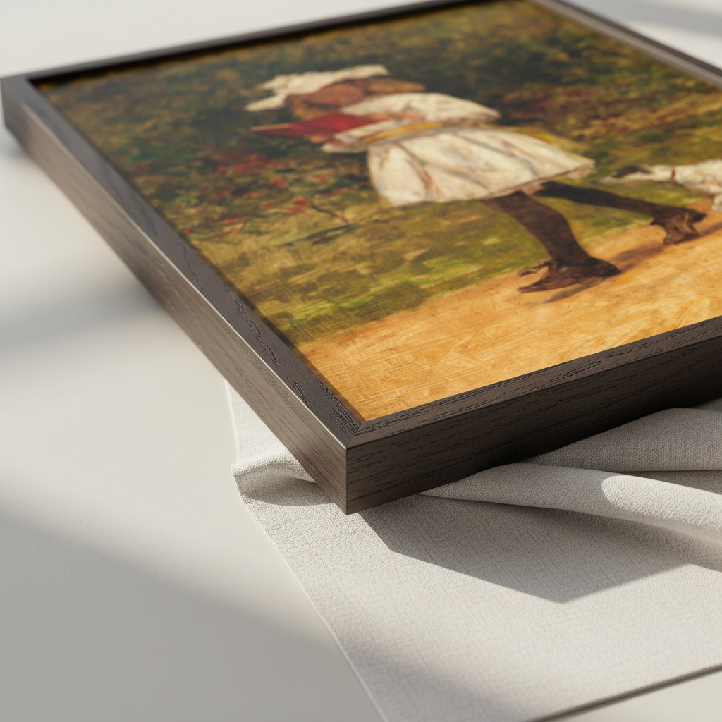 Angled close-up of A Young Girl Reading by Aloysius O'Kelly in a black frame resting on paper