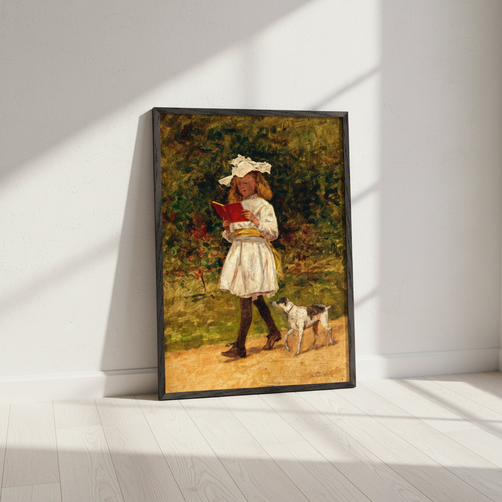 A Young Girl Reading by Aloysius O'Kelly framed print in a black frame leaning against a white wall