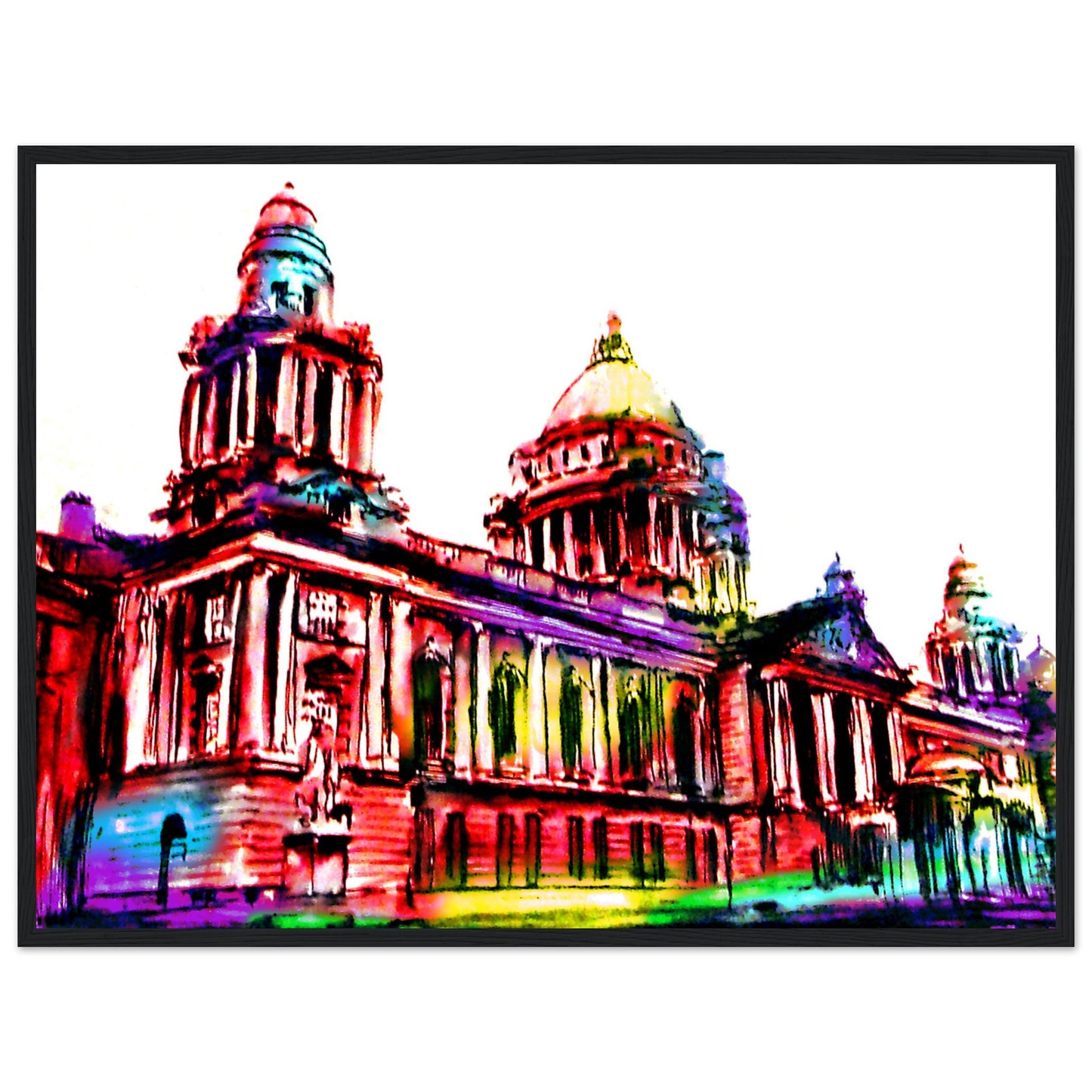 Vibrant Belfast City Hall Framed Art Print by Ó Maoláin. Colourful depiction of Belfast's iconic landmark, reflecting its dynamic spirit. Perfect for commemorating your connection to Belfast or sharing its charm.