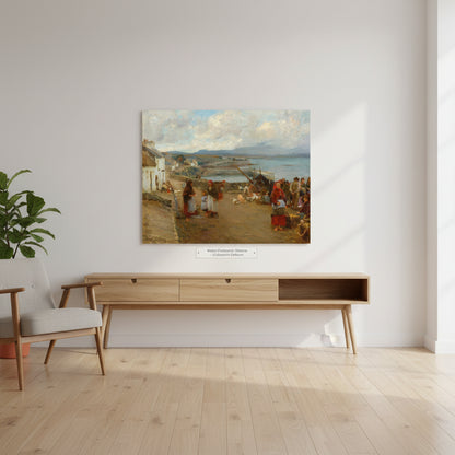 Walter Osborne Connemara market print unframed on a white wall above a low oak sideboard