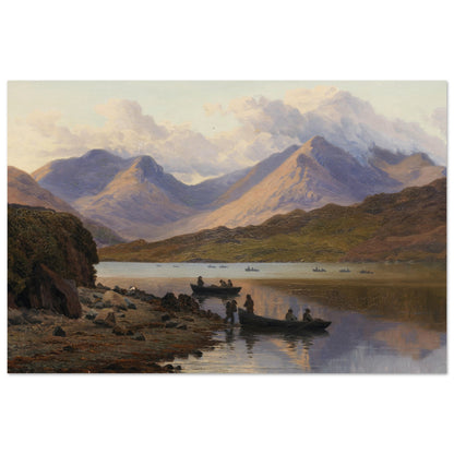 A View of the Killaries, from Leenane by Bartholomew Colles Watkins, Irish landscape painting of mountains and boats