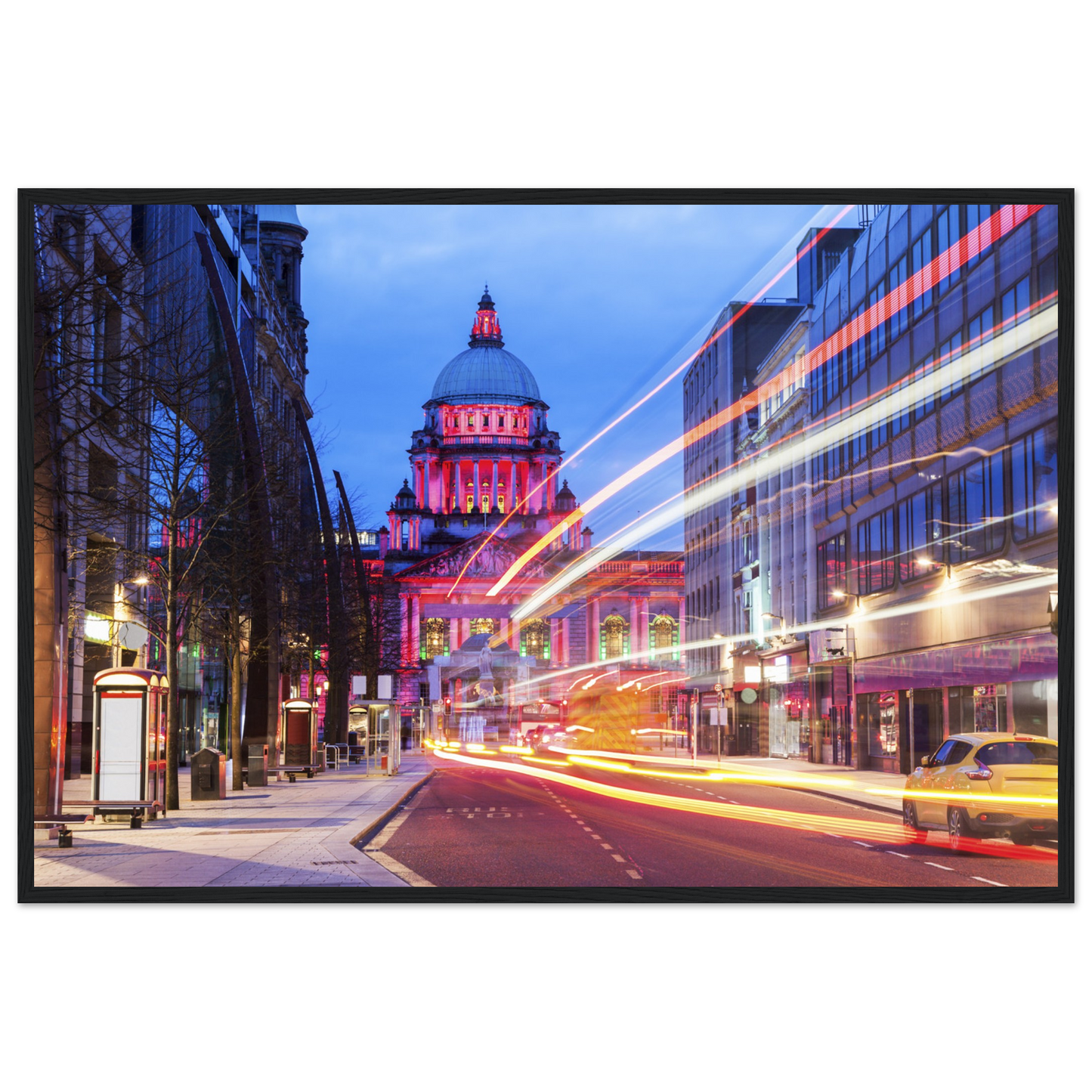 Vibrant Belfast City Hall Framed Art Print: A colorful depiction of Belfast's iconic City Hall with intricate details. The landmark is set against a lively backdrop of vivid hues, reflecting the city's dynamic spirit. Perfect for adding urban sophistication to any space.