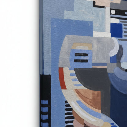 Close-up detail of Abstract (1932) by Mainie Jellett showing geometric shapes, layered blues and archival pigment texture on canvas.