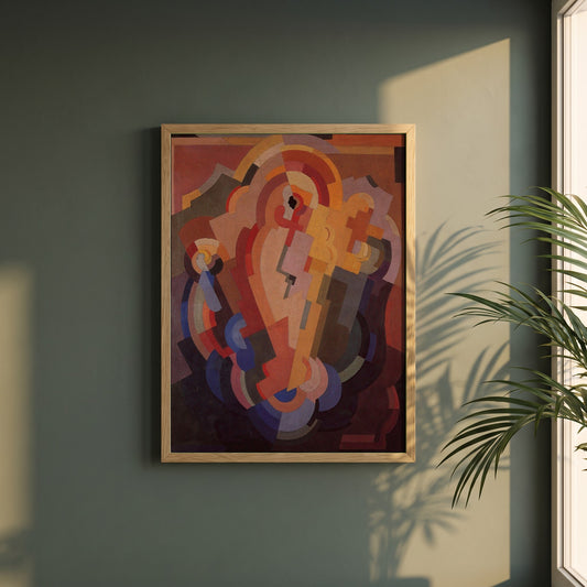 Abstract Composition framed print in a natural oak frame on a dark green wall beside a window, dappled plant shadow