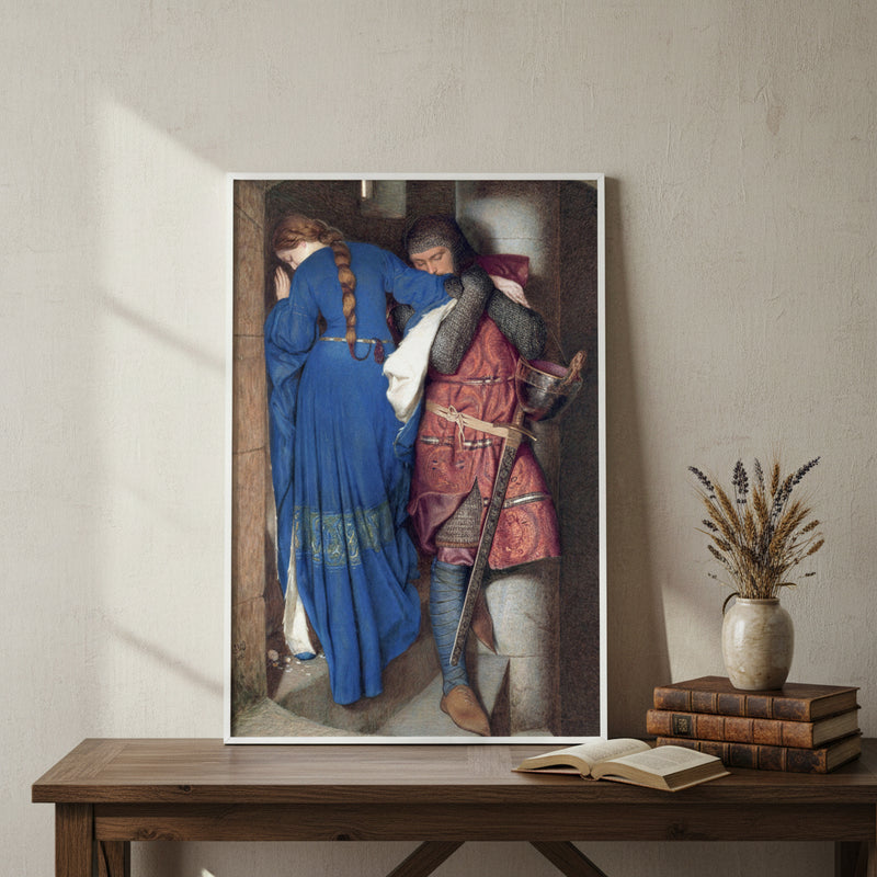 A museum-quality unframed art print of The Meeting on the Turret Stairs by Frederic William Burton displayed on a linen-covered wall in a softly lit interior. The artwork rests against a neutral plaster backdrop on a wooden console beside antique books and dried flowers. Natural daylight from a nearby window highlights the rich Pre-Raphaelite tones and romantic composition, creating an elegant, heritage-inspired atmosphere.