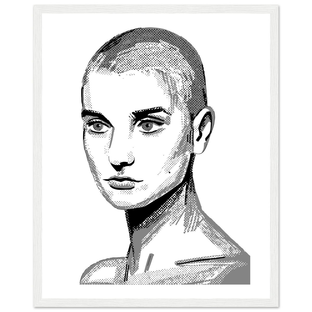 Black and white Sinéad O'Connor poster print in a white frame, front view