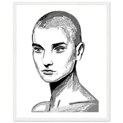 Black and white Sinéad O'Connor poster print in a white frame, front view