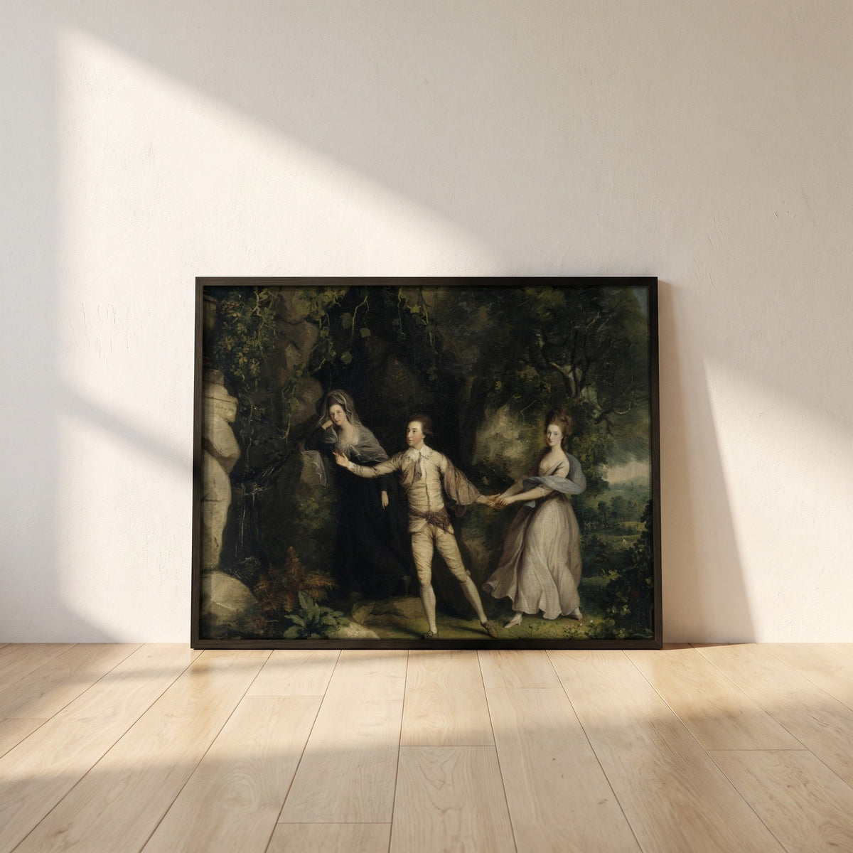 Actor Between the Muses framed print in a black frame leaning against a white plaster wall on oak floorboards in morning light