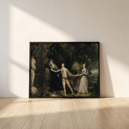 Actor Between the Muses framed print in a black frame leaning against a white plaster wall on oak floorboards in morning light
