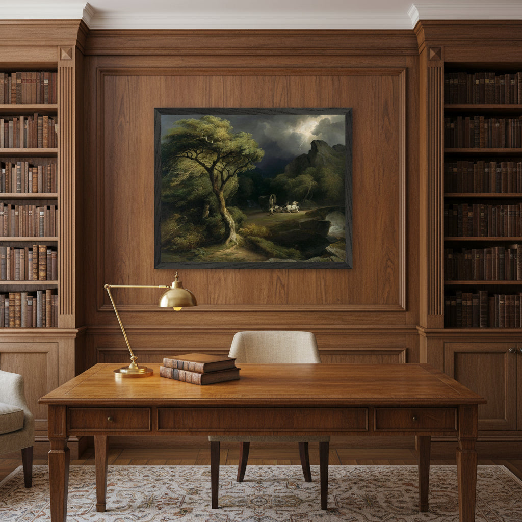 Black gallery frame, 40×50 cm, hung above a vintage writing desk with brass lamp and leather-bound books in a classic heritage library.