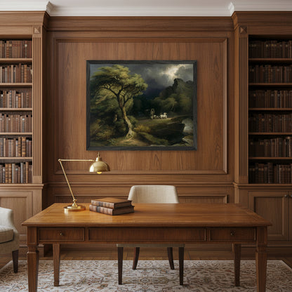 Black gallery frame, 40×50 cm, hung above a vintage writing desk with brass lamp and leather-bound books in a classic heritage library.
