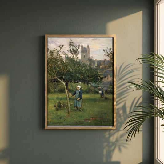Apple Gathering, Quimperlé framed print in a natural oak frame on a dark green wall beside a window, dappled plant shadow