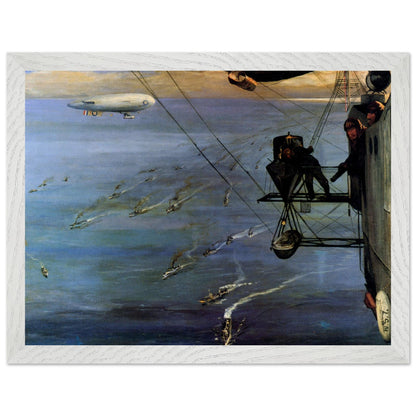 A Convoy, North Sea by John Lavery print in a white wooden frame, airship above a blue-grey sea