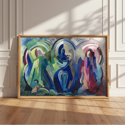 The Virgin of Éire by Mainie Jellett – natural wood framed print in a warm heritage-style study