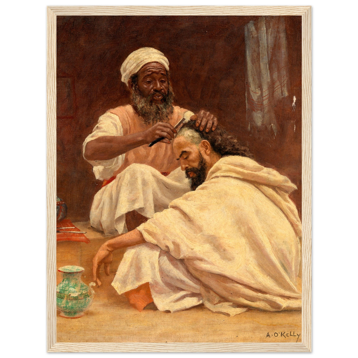 Aloysius O'Kelly Moroccan barber painting in a pale wood frame on a white background