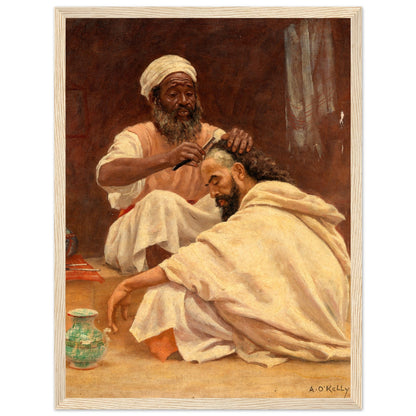 Aloysius O'Kelly Moroccan barber painting in a pale wood frame on a white background