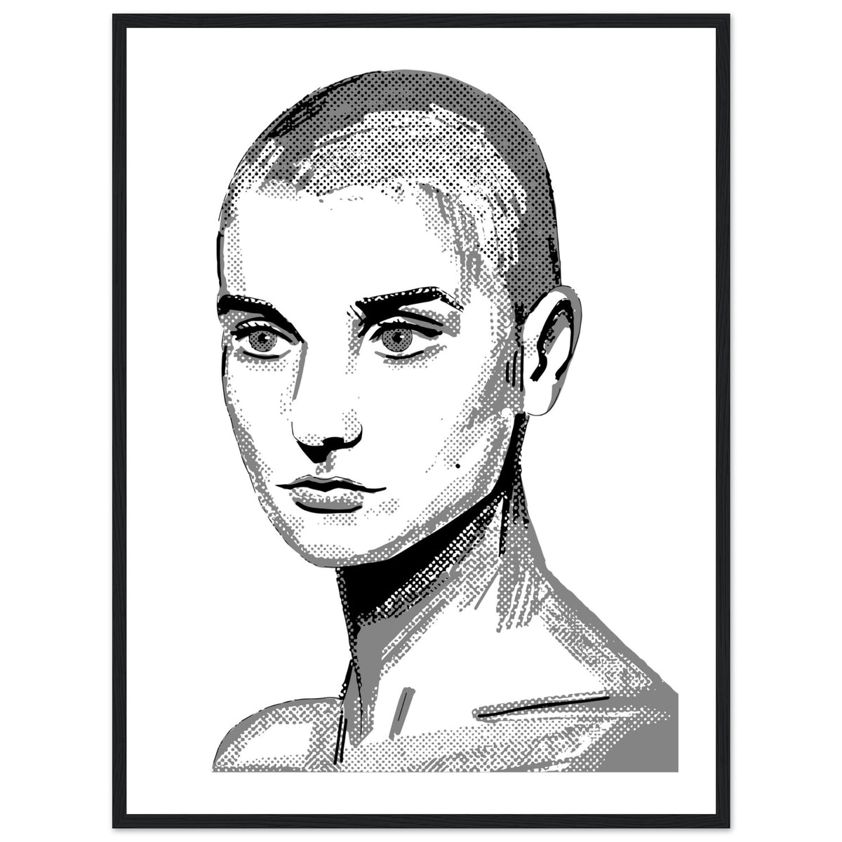 Sinéad O'Connor portrait drawing in black and white with shaved head, poster in a thin black frame
