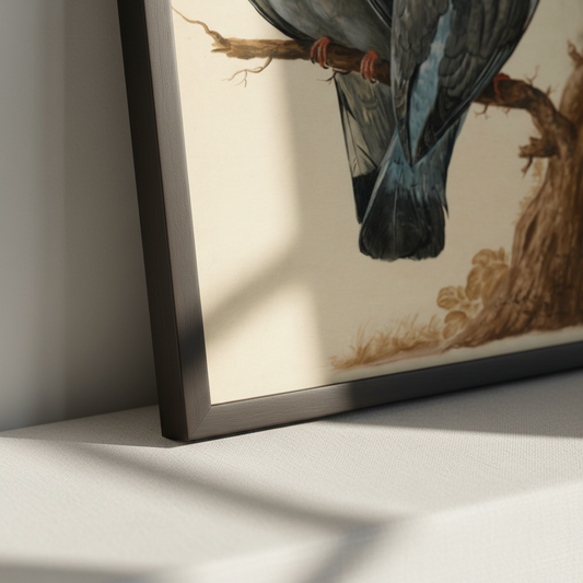 Close-up of the black frame corner on the Two Wood Pigeons print showing the birds' tail feathers
