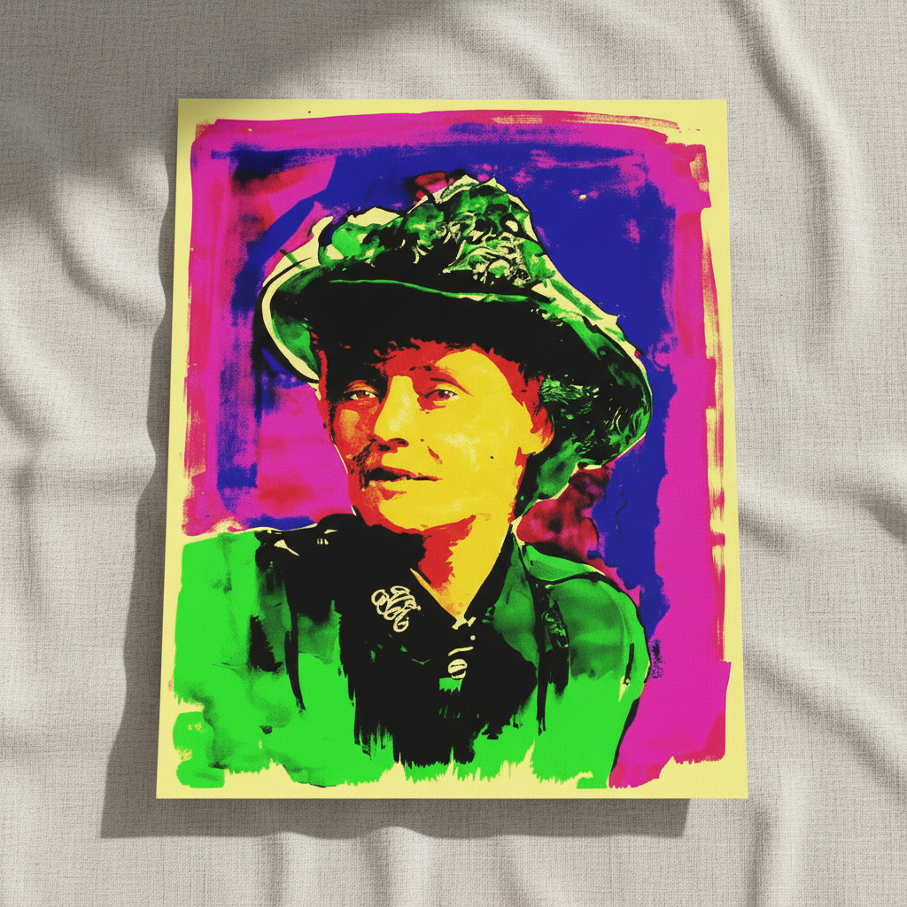 Countess Markievicz pop art portrait in a wide-brimmed hat, unframed print on white linen fabric
