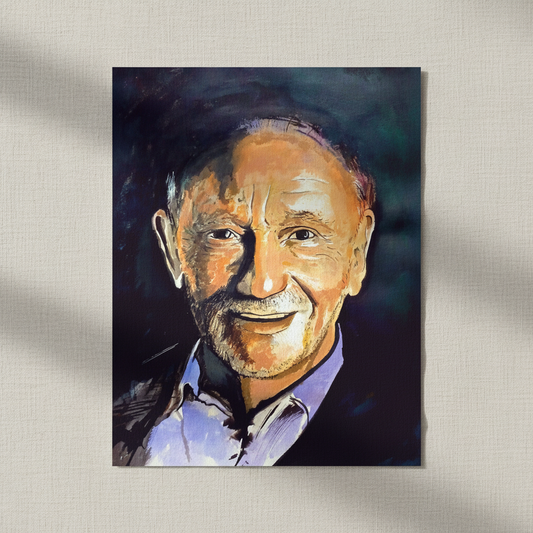 Phil Coulter portrait unframed print lying on textured linen in soft window light