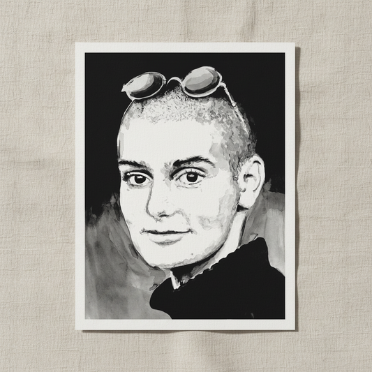 Sinéad O'Connor portrait in black and white, unframed print with a white border on linen