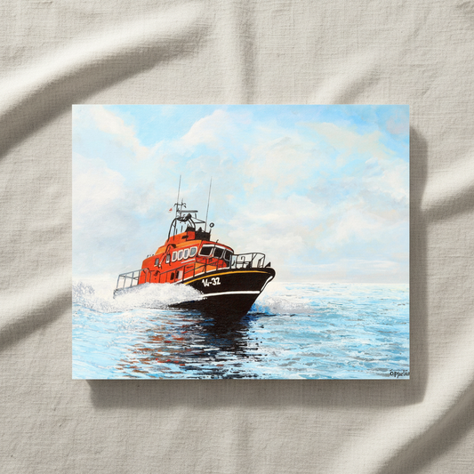 RNLI lifeboat art print unframed on textured paper lying on linen