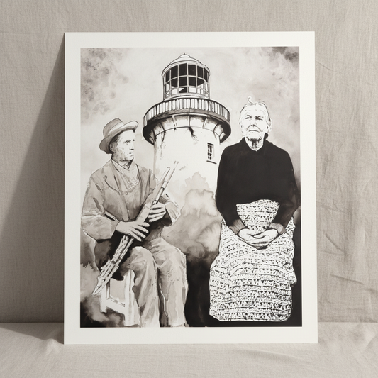 Róise Rua & Uilleann Piper Aranmore print, unframed with a white border, leaning on linen