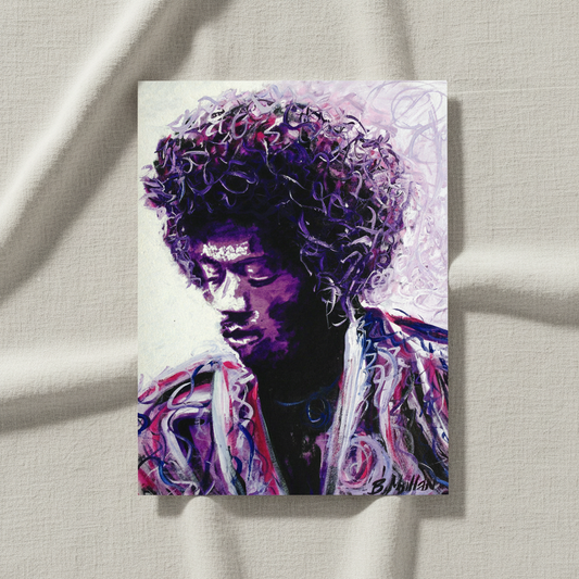 Jimi Hendrix Purple Haze portrait print, unframed on draped linen