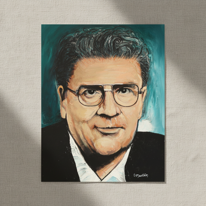 John Hume portrait unframed print resting on linen in soft daylight