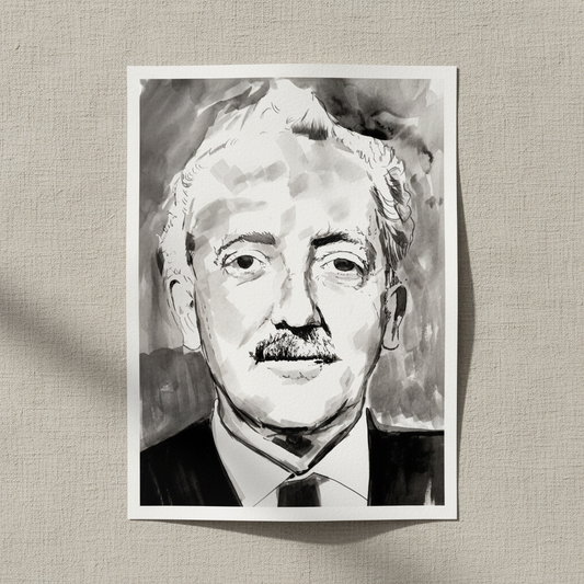 Seán Ó Riada portrait unframed print lying on a linen background