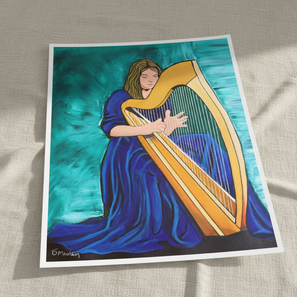 Woman playing the Irish harp, unframed art print on textured paper lying on linen